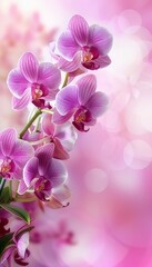 Fototapeta na wymiar Exquisite orchid bouquet with radiant blossoms on blurred background and space for text placement