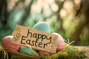 Colorful Easter Egg Basket Bunny hop. Happy easter Christian bunny. 3d Easter surprise hare rabbit illustration. Cute springtime card festive card Easter egg roll copy space wallpaper backdrop - obrazy, fototapety, plakaty