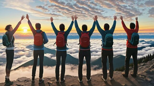 Group of People Standing on Top of a Mountain Generative AI