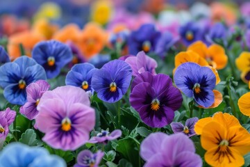 A stunning display of colorful pansy flowers blooming vibrantly in a garden setting, showcasing the beauty of nature