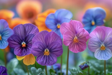 An artistic capture of purple and yellow pansy flowers with a dreamy bokeh background emphasizing their beauty