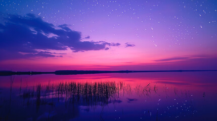 Fototapeta na wymiar Purple Hues and Stellar Views: Enchanting Lake at Dusk