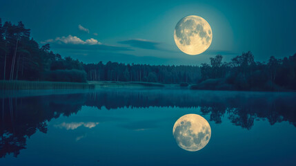 Fototapeta na wymiar Moonbeam Magic: Forest Lake Reflection