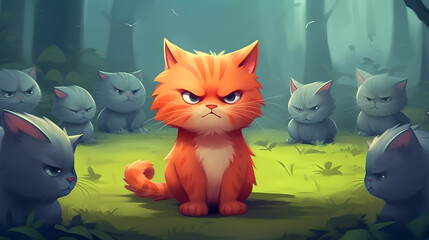 Bullying, Unique Cat in a Forest of Sameness. Digital Illustration of an Orange Cat Amongst Grey Cats in a Mystical Forest. Stand Out and Uniqueness Concept for Storytelling - obrazy, fototapety, plakaty