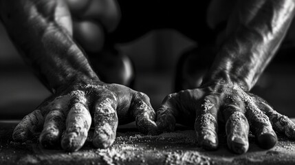 A close-up of a bodybuilder's hands as they chalk up before lifting weights, showing the determination and focus in their eyes. - obrazy, fototapety, plakaty