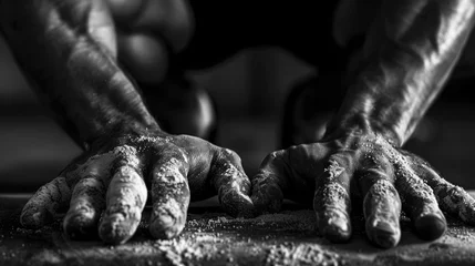 Rolgordijnen A close-up of a bodybuilder's hands as they chalk up before lifting weights, showing the determination and focus in their eyes. © Shaheen