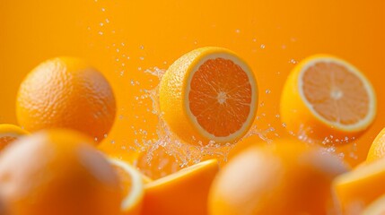 The most amazing shot of fresh oranges up in mid air, saturated orange background.