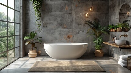 Fototapeta premium Interior of grey bathroom with white ceramic toilet 