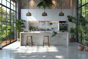 Spacious kitchen with marble countertops, tropical plants, and large windows offering natural light