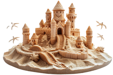 A sandcastle at the beach isolated against a white background while on vacation.