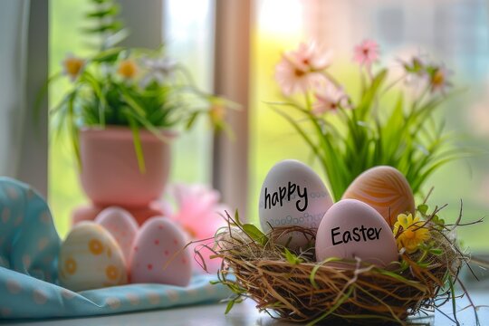 Colorful Easter Egg Basket Easter. Happy easter Egg-themed games bunny. 3d chuckling hare rabbit illustration. Cute easter bonnet festive card radiating happiness copy space wallpaper backdrop