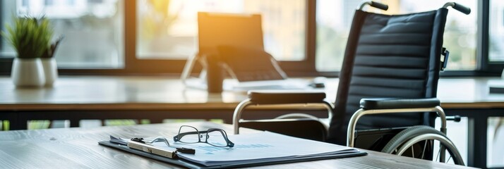 Accessible office environment with wheelchair and blurred background, perfect for text placement