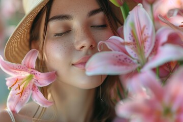 A young woman with closed eyes enjoying the scent of pink lilies, her freckles enhancing the natural, intimate setting