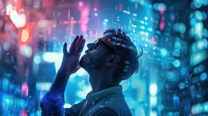 man with glasses looking up to the overlay futuristic interface with a blurry glowing neon futuristic city background. Generative AI