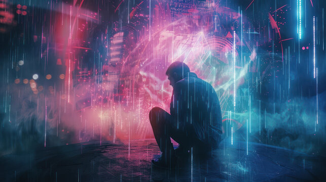 silhouette of a man sitting in the road with futuristic neon overlay, capturing anxiety and depression concept. Generative AI