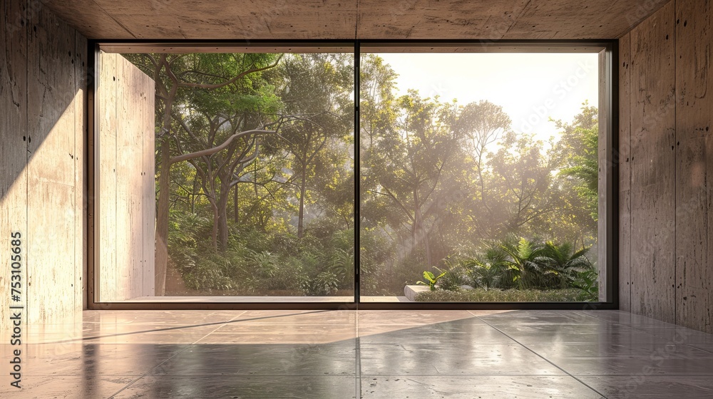 Poster A 3D rendering of an empty concrete room with a large window against a natural background.