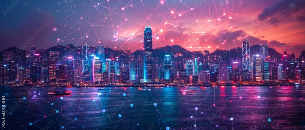 Poster a smart network and connection technology concept, hong kong digital city background at night in vic