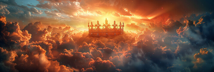 a crown is on top of clouds at sunset or sunrise, banner - obrazy, fototapety, plakaty