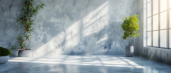 An abstracted view of an empty room with sunlight casting mirror-like shadows on the walls, illustrating the minimal design architecture in 3D.
