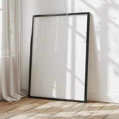 Black Frame Mockup Leaning on White Wall with Wooden Floor