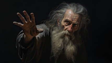 a dirty old man with long white hair and beard in the black shadow background with his hand wanting to reach. Generatvie AI	

