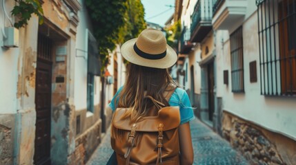 beautiful woman with her back turned in a beautiful little town with a backpack and a day hat in high resolution and high quality. travel concept, tourism, backpackers, vacation, rest