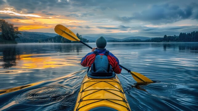 Man paddles across the tranquil lake.