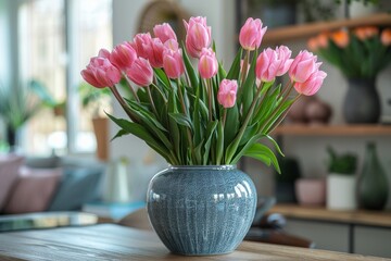 A stunning display of pink tulips standing tall in a textured blue ceramic vase on a polished wooden table