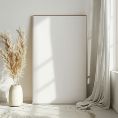 Artistic Wood Framed White Canvas Display on Leaning Floor