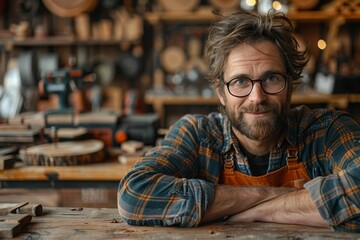 Friendly middle-aged craftsman posing in his woodworking workshop filled with tools and wood