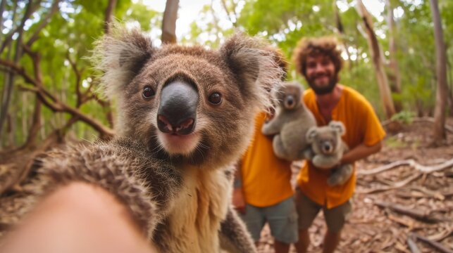 Couple of tourists taking a picture of koala in the jungle