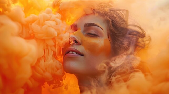 Enveloped in a vibrant plume of orange smoke, a woman becomes one with the vivid hues.