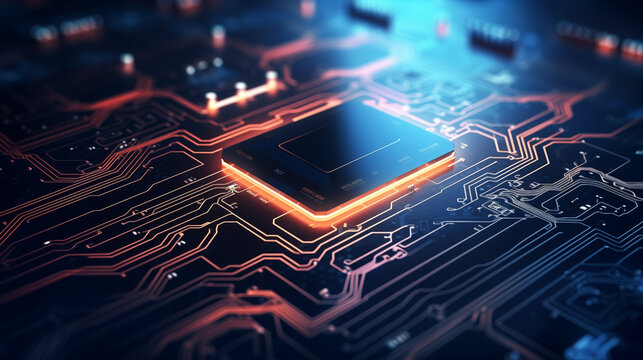 Modern Computer CPU or Processor Chip Mounted On A Printed Glowing Circuit Board, Science and Technology Concept