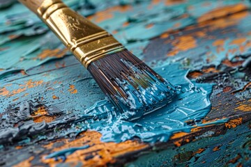 Image showcases a detailed close-up of a paintbrush with teal paint against a contrasting rustic wooden backdrop with paint strokes