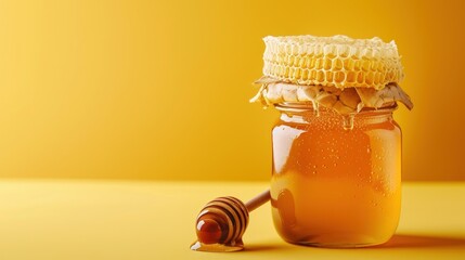 Close up of honey jar with honeycomb on yellow background, copy space. generative AI image - obrazy, fototapety, plakaty
