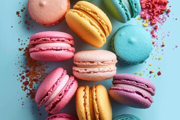 Vibrant Array of Macarons Suspended in Mid-Air Against a Cool Blue Backdrop