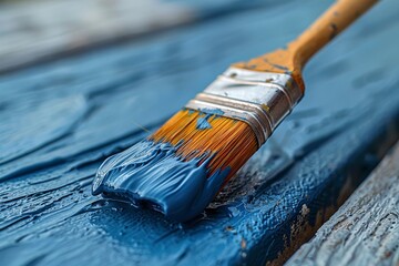 An engaging image highlighting a professional paintbrush with blue paint over a textured blue wooden board