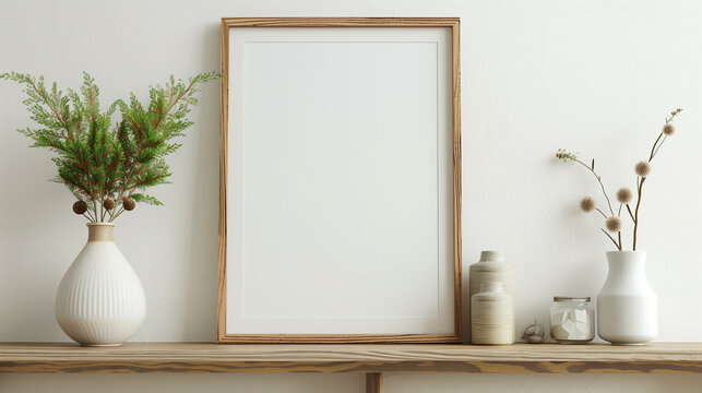 Close-Up Mock-Up Poster Frame on Shelf with Decorative Items
