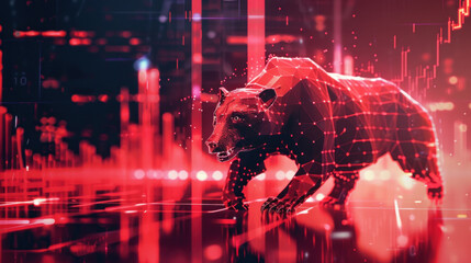 Concept art of bearish down financial market in futuristic style with 3D plexus bear and red dominant color, Generative AI