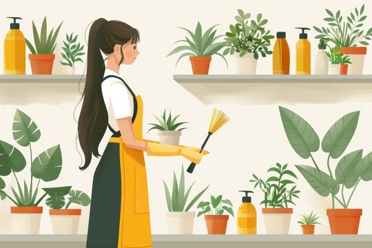 A woman in an apron dusting off shelves with cleaning products and indoor plants in a cozy interior setting