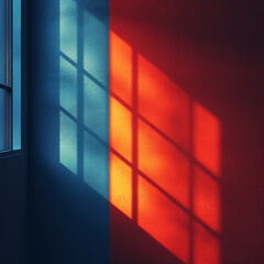 Window with sunlight in a room with red and blue walls. Minimalism
