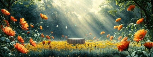  A 3D podium in a lush summer meadow with wildflowers and butterflies