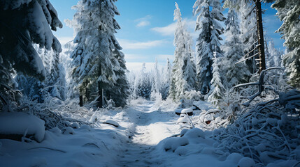 A snowy forest landscape with evergreen trees laden with snow, presenting a serene winter wonderland