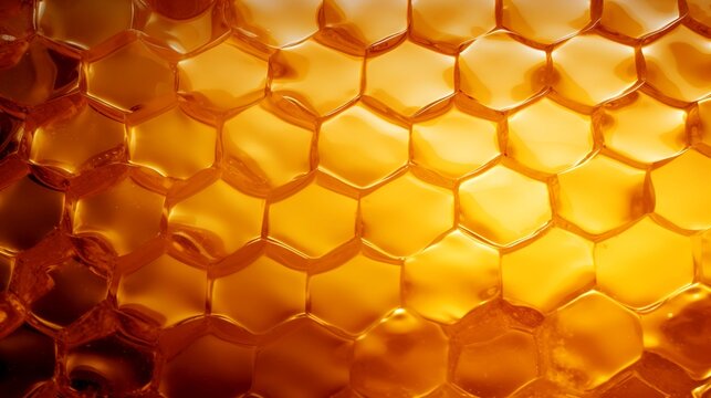 This image showcases a honeycomb filled with golden honey, crafted by bees in hexagonal cells. The honey is a sweet, viscous substance made from flower nectar by bees.