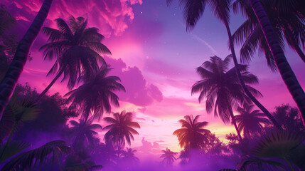 Fototapeta na wymiar Sunset Dreamscape: Oil Pastel Palm Symphony