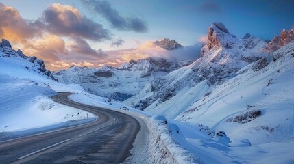 A winding road meanders through a snow-capped mountain range, offering a scenic journey.