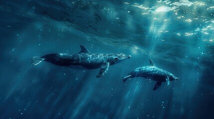 A protective mother dolphin swims next to her calf in the deep blue sea.