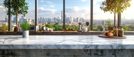 Close-up of marble countertop on island kitchen against blurred background of appliances, utensils, and window with green plant. 3D rendering.
