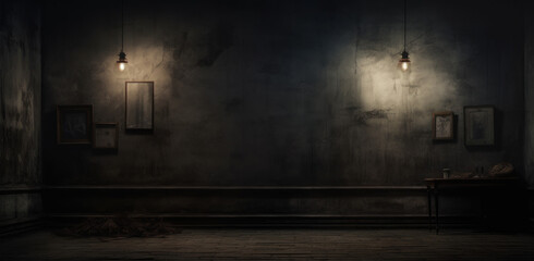 concept illustration of empty dirty abandoned dark room with dimly lit lighting and photo frame hanging. capturing horror, sadness, and depression anxiety, Generative AI