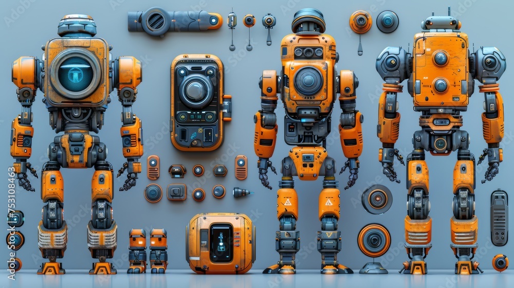 Poster Vector isolated futuristic cybernetic objects on a blue background with cartoon android characters.